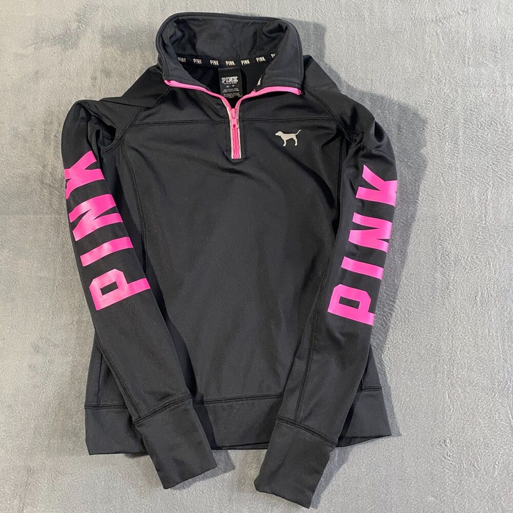 Victorias Secret Pink Stretchy Sports Top 1/4 Zip Black Pink Size XS